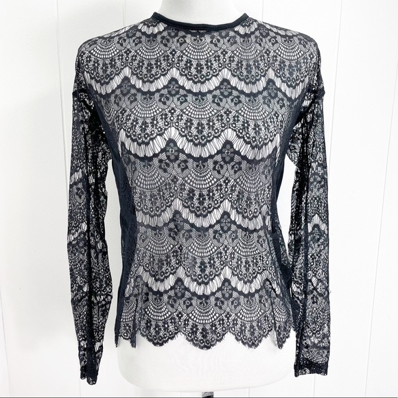 Cruel Girl Tops - CRUEL GIRL Sheer High Neck Lace Long Sleeve Blouse